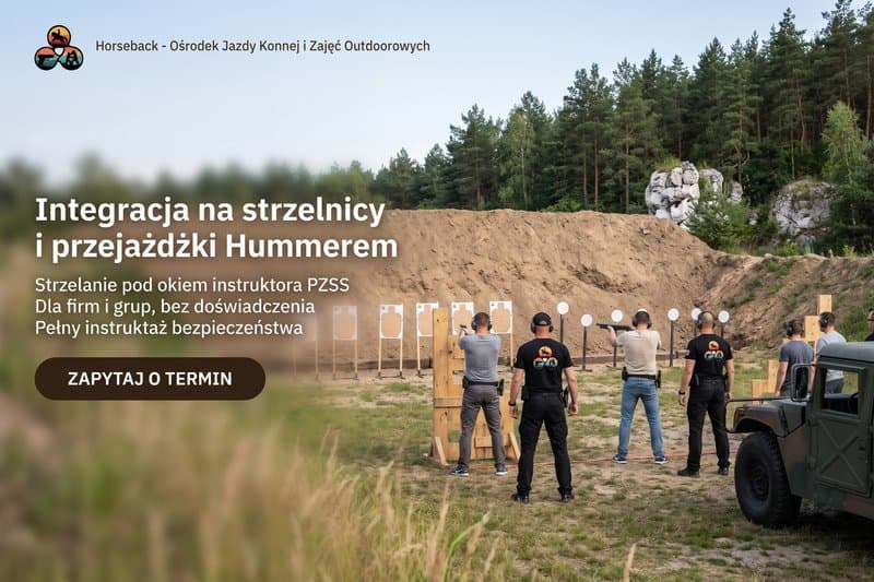 Integracja na strzelnicy i przejażdżki Hummerem. Strzelanie pod okiem instruktora PZSS. Dla firm i grup, bez doświadczenia. Pełny instruktaż bezpieczeństwa. Zapytaj o termin. Horseback - Ośrodek Jazdy Konnej i Zajęć Outdoorowych