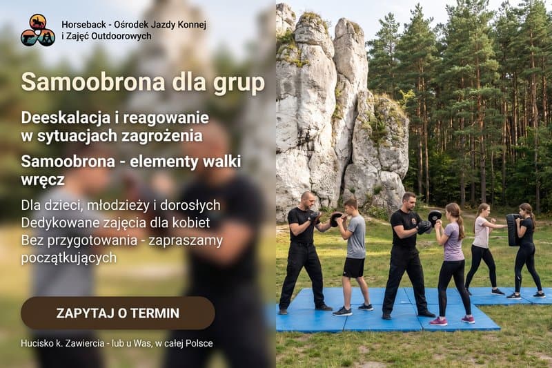 Samoobrona dla grup. Deeskalacja i reagowanie w sytuacjach zagrożenia. Samoobrona - elementy walki wręcz. Dla dzieci, młodzieży i dorosłych. Dedykowane zajęcia dla kobiet. Bez przygotowania - zapraszamy początkujących. Zapytaj o termin. Hucisko k. Zawiercia - lub u Was, w całej Polsce