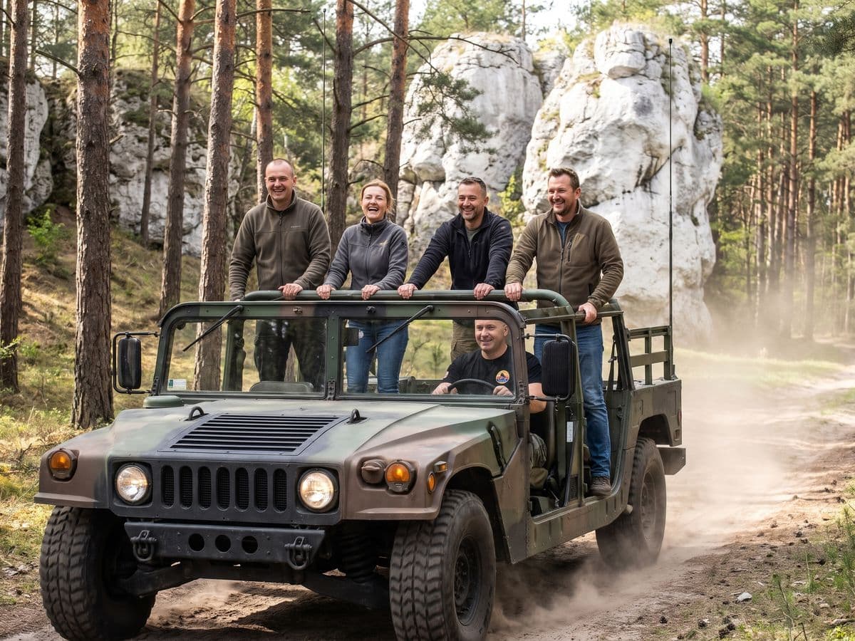 Uśmiechnięci uczestnicy jadą otwartym Hummerem leśną drogą wśród sosen i wapiennych skałek Jury, a prowadzi instruktor Horseback.